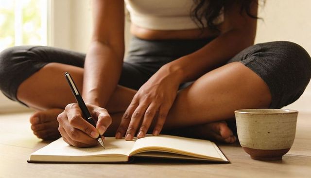 Journaling in leggings and crop top with ceramic mug, natural light and bare feet