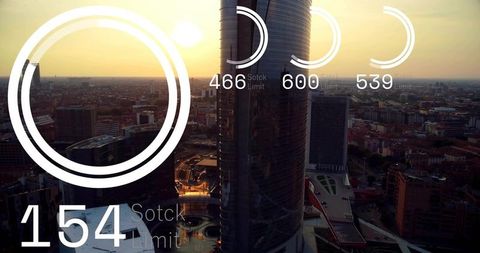 Cylindrical glass skyscraper reflecting sunset with hud data overlay over urban plaza