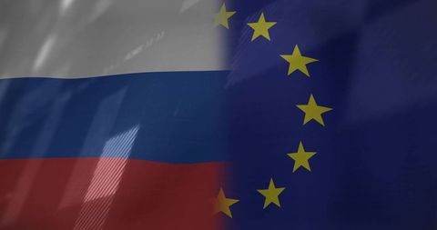 Russian tricolor merging with european union flag, blended fabric symbolizing diplomacy