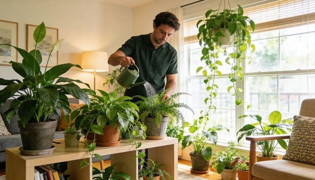 Man watering indoor plants with green can in sunlit living room creating lush urban jungle
