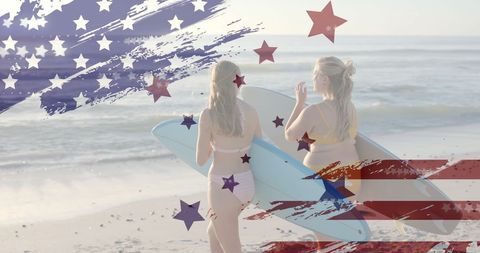 Surfer Women Enjoying Summer Vacation on Flag-themed Beach