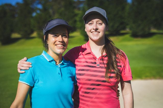 Two Caucasian women smiling while standing on a golf course, dressed in casual golf attire. Ideal for promoting sports, active lifestyles, friendship, and outdoor recreational activities. Suitable for use in advertisements, blogs, and articles related to golf, fitness, and social bonding.