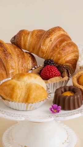 Vertical video shifting upward over elegant cake stand showcasing croissants and fruit tarts