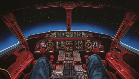 Pilot view from cockpit at near-space showing instrument panel, throttles and starfield