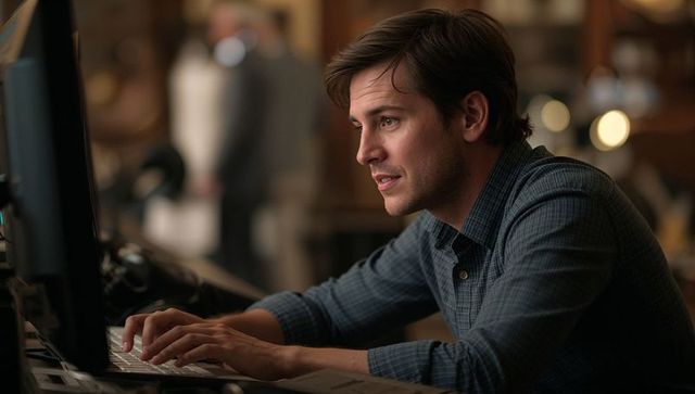 Young man leaning and typing at workstation with warm bokeh office background