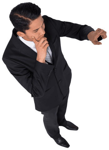 Transparent businessman interacting virtual screen top view