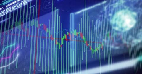 Displaying neon candlestick market chart with multicolor line graph and data visualization
