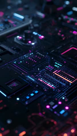 Shifting Camera Revealing Neon-Pulsing PCB Macro Showing Data Flow in Vertical Video