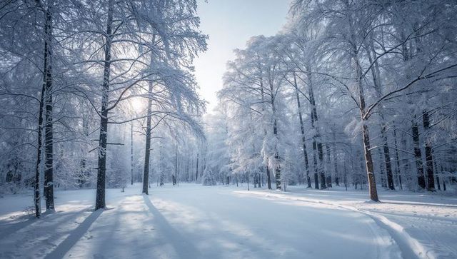 Winter morning in frosted forest casting long blue shadows over curved snow tracks
