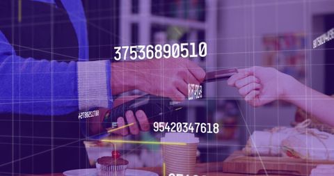 Digital payment processing in coffee shop with data overlay