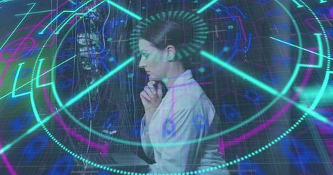 Female IT Engineer Analyzing Cloud Data with Digital Interface Overlay - Download Free Stock Images Pikwizard.com