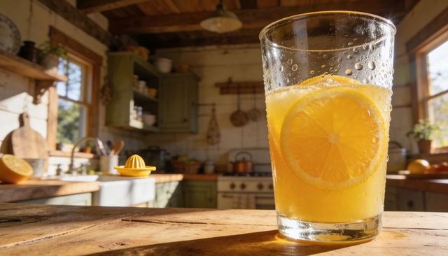 Catching sunlight over glass of fresh lemonade on rustic farmhouse wooden table