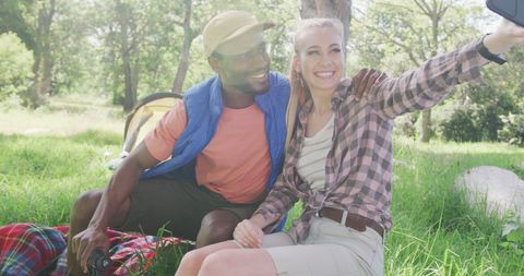 Happy Couple Taking Selfie While Camping in Nature