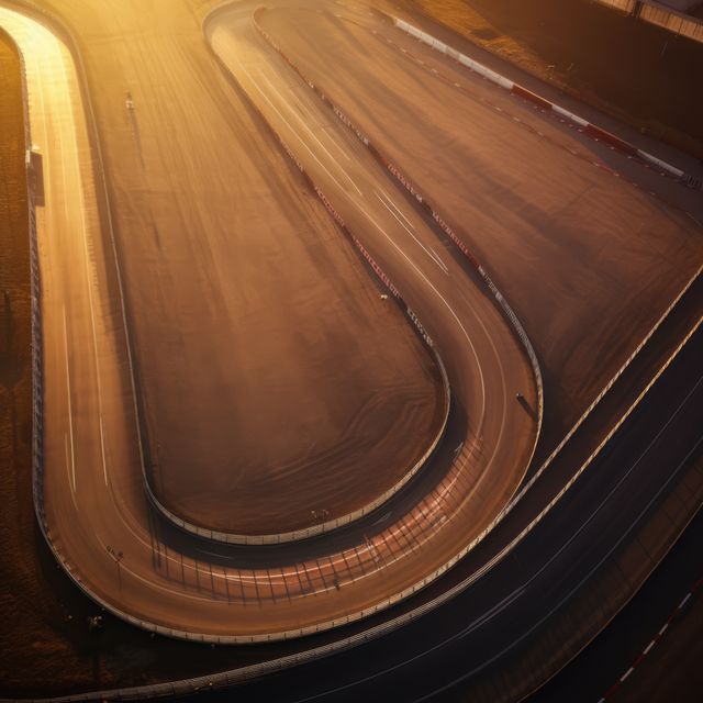 Aerial view of empty car race track, created using generative ai technology. Car racing, sports and competition concept digitally generated image.