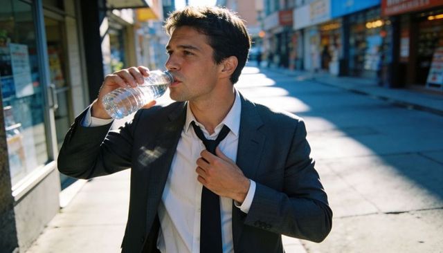 Businessman Drinking Water While Walking on Sunny Urban Street and Adjusting Tie