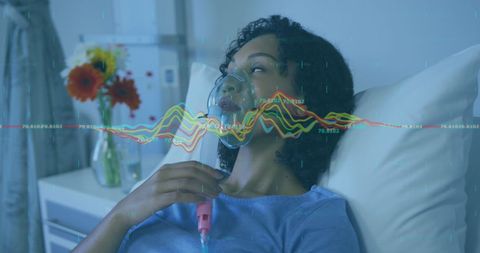 African American Woman Wearing Oxygen Mask with Data Visualization Overlay