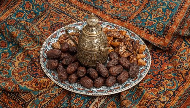 Ornate brass dallah with medjool dates on patterned ceramic plate over persian textile