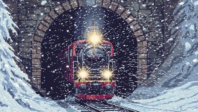 Red steam locomotive emerging from stone tunnel plowing through snowstorm with headlights