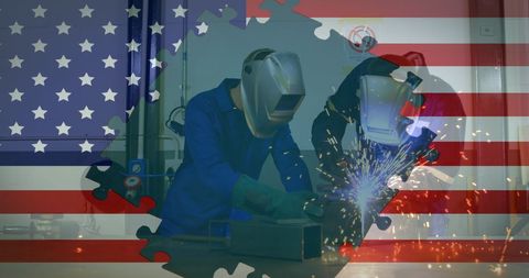 Welders Working with American Flag Puzzle Overlay