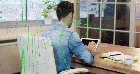 Man Using Tablet with Digital Technology Interface Overlay