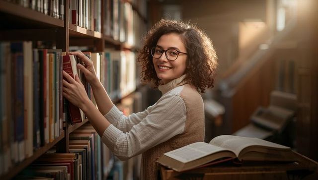 Young woman reaching for book on library shelf smiling with glasses in warm light