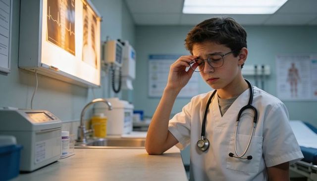 Tired teen medical trainee sitting at clinic counter holding glasses wearing stethoscope