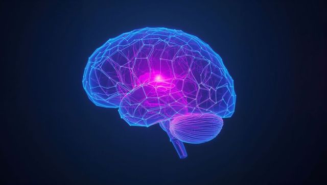 Neon Wireframe Brain Hologram in Futuristic Glow