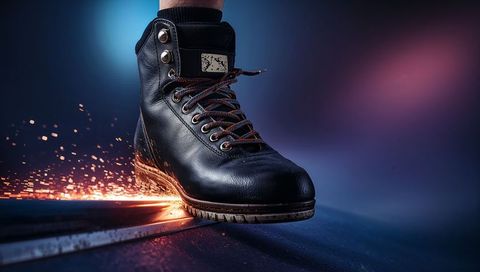 Black leather work boot grinding metal rail, flying sparks closeup