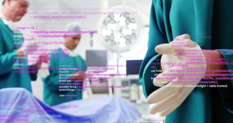 Surgeons Engaged in Operation with Digital Interface Overlay