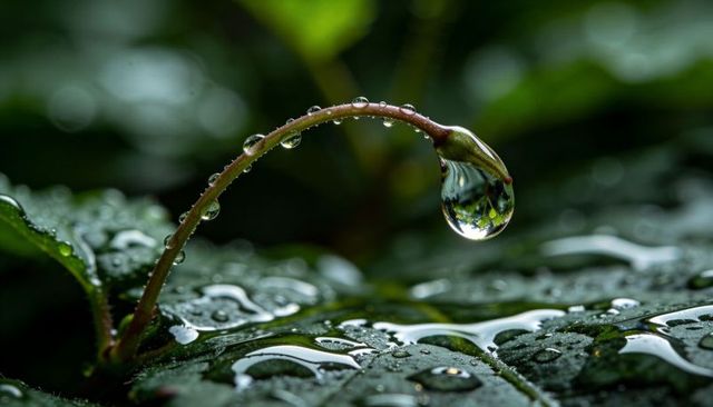 Curved stem holding dew drop reflecting green foliage in macro close-up with bokeh