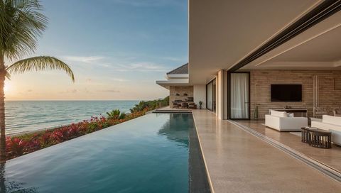 Oceanfront villa featuring infinity-edge pool and open-plan living terrace at sunset