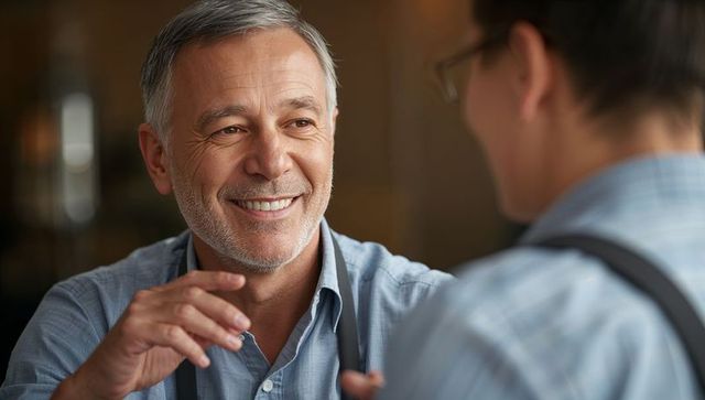 Smiling senior barista gesturing while talking to colleague in cozy coffeehouse, warm hospitality