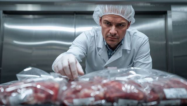 Technician inspecting sealed meat packs in cold storage facility