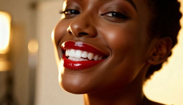 Smiling black woman with glossy red lipstick and radiant white teeth close-up portrait