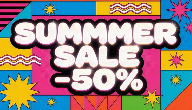Vibrant pop art summer sale banner 50% off retro bubble typography neon glow geometric