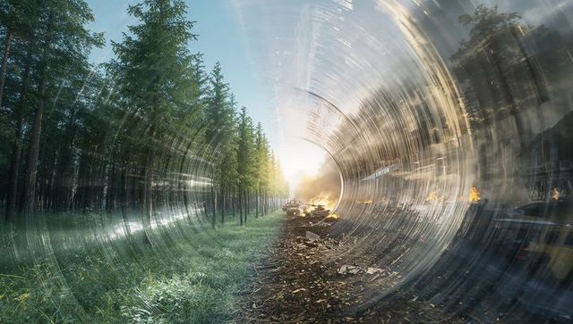 Swirling vortex merging pine forest with burning ruins and wrecked tank on battlefield