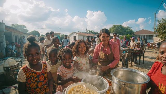 Serving steaming hot meals to smiling children at outdoor community food distribution