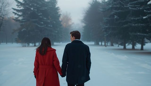 Couple in Winter Wear Walking on Snowy Path Holding Hands