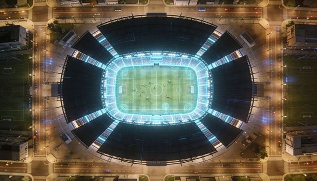 Aerial night view of illuminated soccer stadium with players on pitch, floodlights, urban