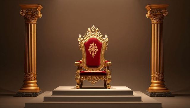 Opulent red velvet throne between golden columns in lavish palace hall