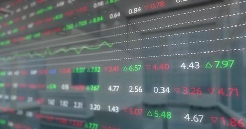 Transparent glass ticker overlaying modern boardroom showing live stock trading data