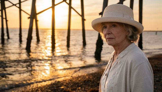 Elderly woman gazing toward golden sunset beneath wooden pier pilings on pebble beach