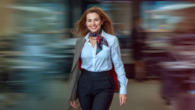 Confident businesswoman walking through urban concourse wearing silk scarf and blazer