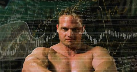 Shirtless Athlete with Stock Market Visuals, Merging Fitness and Finance