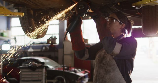 Female mechanic using electric blade cutter and working under a car at a car service station. automobile repair service
