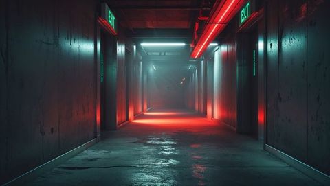 Futuristic urban hallway bathed in red alert neon red and green lights