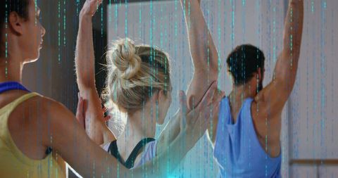 Ballet trio practicing at barre with instructor adjusting posture and tech glitch overlay