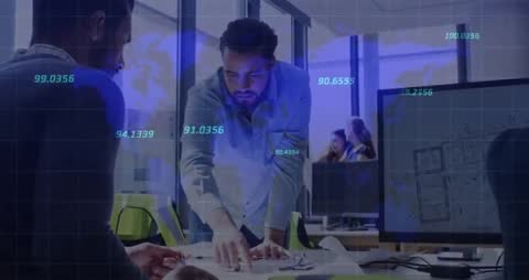 Team Collaborating on Floorplans with Interactive Blue Data Overlay and Analytics