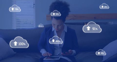 Businesswoman Using Technology with Digital Cloud Overlay - Download Free Stock Images Pikwizard.com