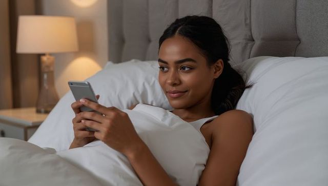 Adult woman relaxing in bed at night using smartphone, cozy bedroom lifestyle scene